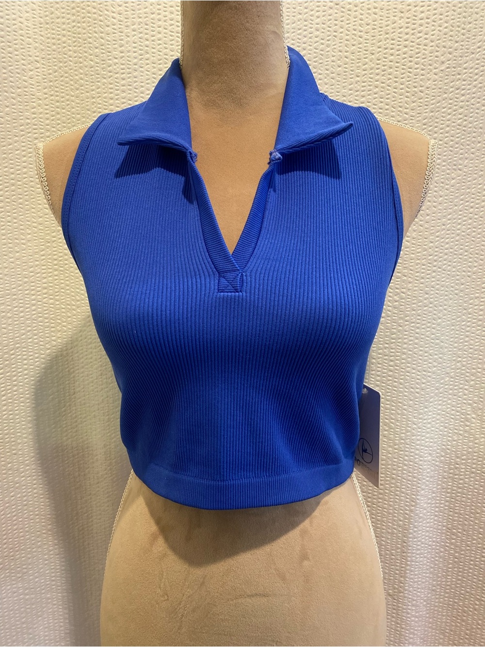 90 Degree By Reflex Royal Blue Ribbed V‑Neck Polo Cropped Tank